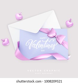 Valentine Envelope and Gift card. Valentines Day background with pink ribbon bow and hearts. Flat lay vector template.