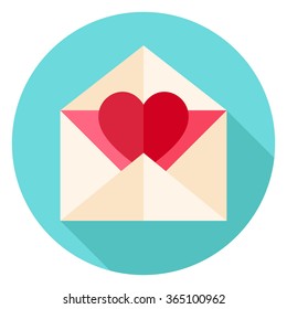 Valentine Envelope with Heart Circle Icon. Flat Design Vector Illustration with Long Shadow. Happy Valentine Day and Love Symbol.