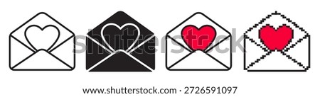 Valentine envelope with heart icon set. Linear editable stroke, solid glyph, color fill and pixel art love letters. Romantic mail vector collection, modern minimal style.
