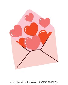 Sobre de San Valentín con corazones de Ilustración vectorial en colores rosa y rojo. Lindo diseño dibujado a mano para tarjetas de felicitación, cartas de amor, pegatinas e invitaciones de fiesta.