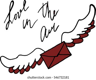 Valentine envelope with wings, hand lettering. vector illustration