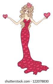 Valentine eps 10 vector illustration. Beautiful hand drawn girl in long fancy dress with stylized hearts in her hands.