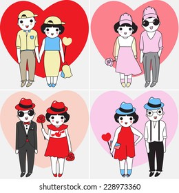 Valentine Fashionista Couples with Heart Background illustration set