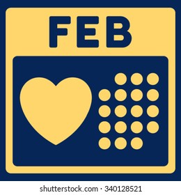 Valentine February Date vector icon. Style is flat symbol, yellow color, rounded angles, blue background.