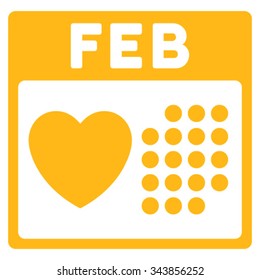 Valentine February Date vector icon. Style is flat symbol, yellow color, rounded angles, white background.