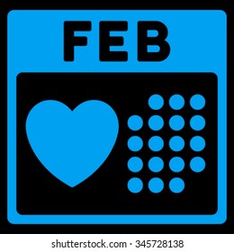 Valentine February Date vector icon. Style is flat symbol, blue color, rounded angles, black background.