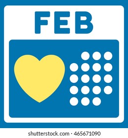 Valentine February Date vector icon. Style is bicolor flat symbol, yellow and white colors, rounded angles, blue background.