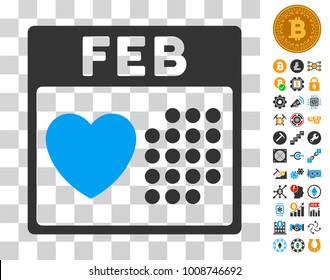 Valentine February Day icon with bonus bitcoin mining and blockchain symbols. Vector illustration style is flat iconic symbols. Designed for cryptocurrency apps.
