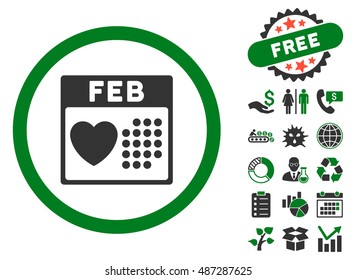 Valentine February Day icon with free bonus icon set. Vector illustration style is flat iconic bicolor symbols, green and gray colors, white background.