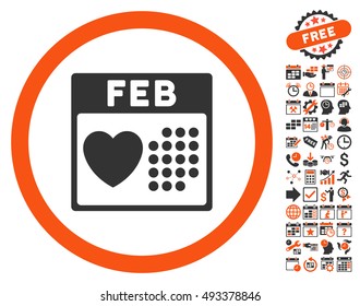 Valentine February Day pictograph with bonus calendar and time management symbols. Vector illustration style is flat iconic bicolor symbols, orange and gray colors, white background.