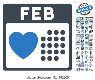 Valentine February Day pictograph with bonus calendar and time management icon set. Vector illustration style is flat iconic bicolor symbols, smooth blue colors, white background.