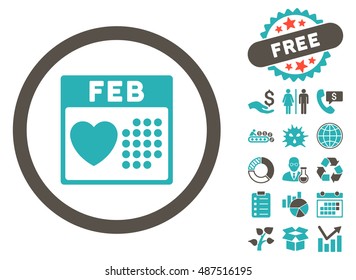 Valentine February Day pictograph with free bonus symbols. Vector illustration style is flat iconic bicolor symbols, grey and cyan colors, white background.
