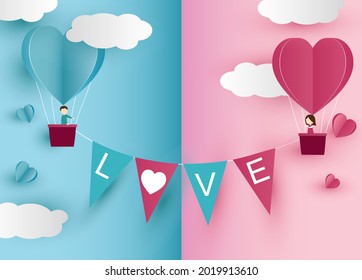 Valentine festival background by heart balloon paper pink and blue and hang text I love U.