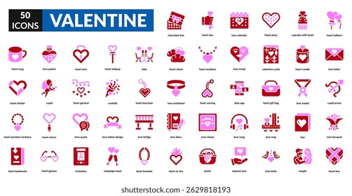 Valentine fill icon set collection. Love letter, couple, cupid, love, heart, romance, gift, date, flower, chocolate, hug, wedding, ring, arrow, red, passion, celebration, card
