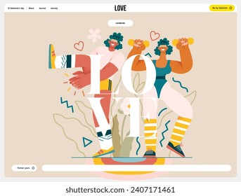 Valentine: Fitness Duo - modern flat vector concept illustration of a couple engaging in a fun aerobics workout together. Metaphor for the strength and vitality of their partnership