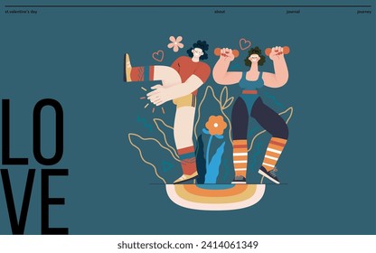 Valentine: Fitness Duo - modern flat vector concept illustration of a couple engaging in a fun aerobics workout together. Metaphor for the strength and vitality of their partnership