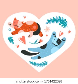 Valentine. Flat cartoon vector illustration with cats, flowers, leaves, hearts, cozy things, hand drawn style, isolated on white. Positive, love, beauty and wellness concept.  	