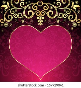 Valentine floral frame with big translucent pink heart and gold vintage pattern (vector eps 10)