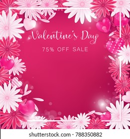 valentine floral invitation is decorate in red and pink color as flower blooming, border is pearl pink along with petals are dropped on beside , usage in advertising decorative or cerebrate invitation