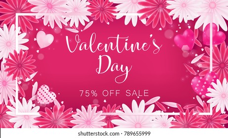 Valentine floral invitation is decorate in red and pink color as flower blooming, border is pearl pink along with petals are dropped on beside , usage in advertising decorative or cerebrate invitation