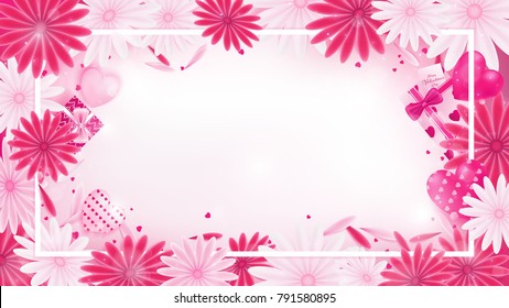 valentine floral invitation rounding by flower ,gifts, heart and some red heart glitter, artwork has some copy space in middle as white background , all elements are fill sweet pink tone color
