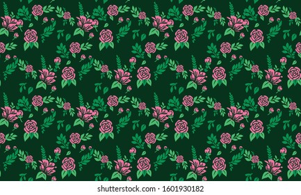 Valentine floral pattern background, with beautiful pink rose and unique pattern leaf design.