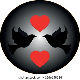 Valentine floral round frame with a heart, doves or pigeons on the black background. "Happy Valentine's Day" card or Wedding background in linear style. Template with empty space for text.