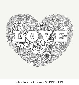 Valentine flower drawing heart shape black and white design background, vector illustration