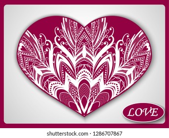 Valentine, flyer holiday card, frame for congratulations on the wedding, Valentine's day, birthday, invitation, celebration, Declaration of love. Vector pink background with mandala pattern. eps10