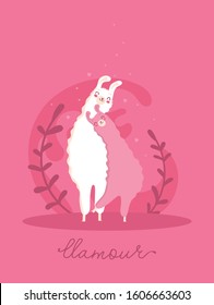 Valentine followed by
banner and poster. Llama in love with heart and many details.