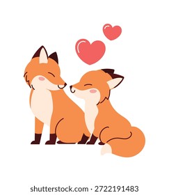 Valentine Fuchs Paar Vektorgrafik mit schwimmenden Herzen und warmen Pastellfarben. Nettes romantisches Design für Karten, Einladungen und Aufkleber.