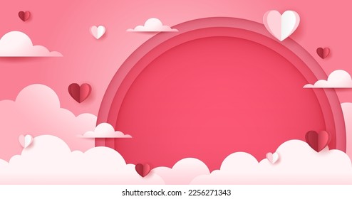Fondo del día de San Valentín con exposición de productos y globos con forma de corazón. Estilo de corte de papel.