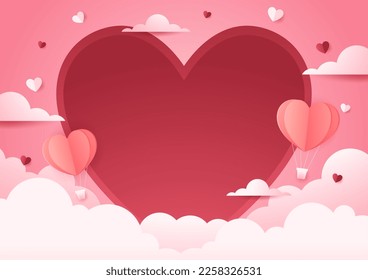 Valentine frame. Valentines day background with product display and Heart Shaped Balloons. Paper cut style.