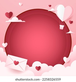 Valentine frame. Valentine's day background with product display and Heart Shaped Balloons. Paper cut style.