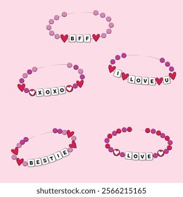 Valentine Friendship Bracelet Illustration. Valentine's Day friendship bracelets for decor or invitations. Romantic love inspired bracelet or best friends hand drawn vector set of designs.