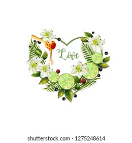 Valentine of fruits and flowers. Pattern of fruit and flowers in the shape of a heart. Image of citrus, spoon of honey, palm leaves and flowers in the shape of a heart.