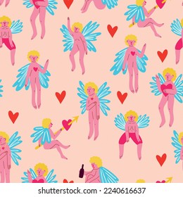 Valentine funny angels seamless pattern. Vector illustration in doodle style