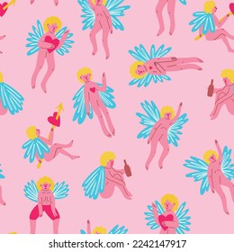 Valentine funny angels seamless pattern. Vector illustration in doodle style