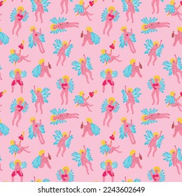 Valentine funny angels seamless pattern. Vector illustration in doodle style