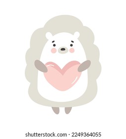 Valentine Funny vector hedgehog in hand drawn scandinavian baby style with heart. Outline drawing. Perfect for apparel, cards, poster, nursery decoration. Isolated illustration.