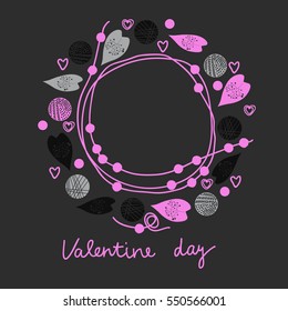 Valentine garland pattern with leaves and shapes, text. Hand drawn.