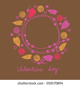 Valentine garland pattern with leaves and shapes, text. Hand drawn.