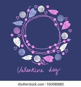 Valentine garland pattern with leaves and shapes, text. Hand drawn.