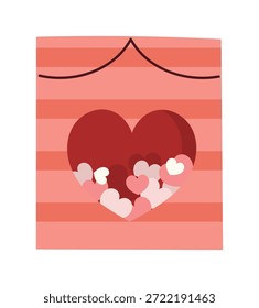 Valentine saco de presente ilustração vetor com janela do coração, corações pequenos e fundo de listras rosa. Design romântico bonito para compras, embalagem e modelos de cartão.