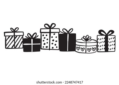 Valentine gift box black illustration , Vector hand drawn illustration.