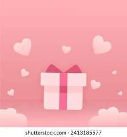 Caja de regalo de San Valentín con corazón y nubes sobre fondo rosa. estilo de corte de papel.