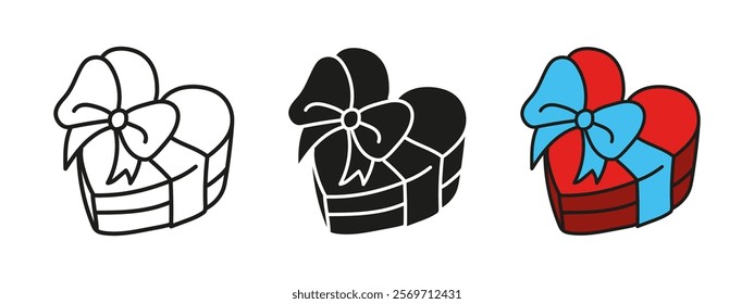 Valentine gift box icon. Heart shaped box present with bow ribbon vector illustration. Heart shape chocolate box symbol. Valentine romantic wrapped gift sign. Love and amour romance pictogram.