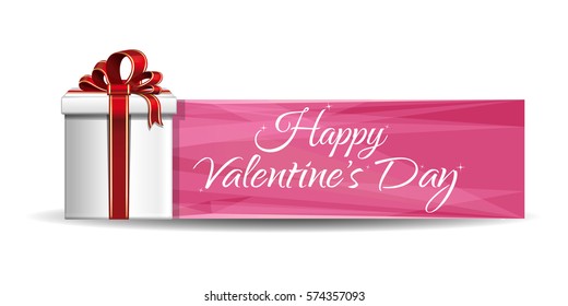 Valentine gift box on a background of pink banner. Greeting inscription - Happy Valentine's Day. Vector illustration