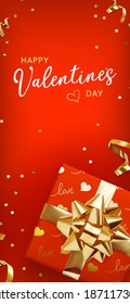 Valentine gift box on red background, great design for any purposes. Greeting card, banner, poster. Vector illustration banner, card, postcard. 3d realistic vector background.