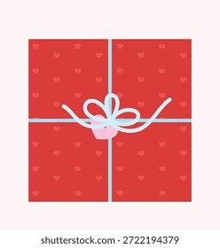 Valentine gift box vector illustration with red wrapping paper, ribbon bow and dots. Cute hand drawn design for packaging, stickers, cards and mockups.